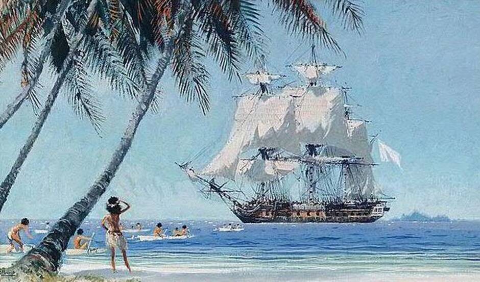 Arrivée de Bougainville à Tahiti à bord de La Boudeuse. Gouache d’Albert Brenet (1903-2005) nommé peintre de la Marine en 1936.